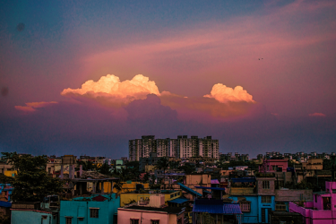 A city skyline at sunset