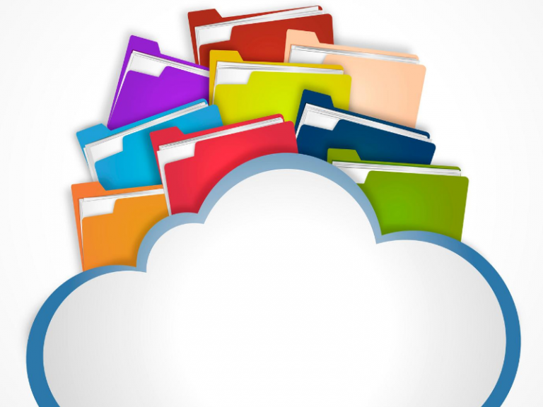 A cloud with folder icons sticking out from its top