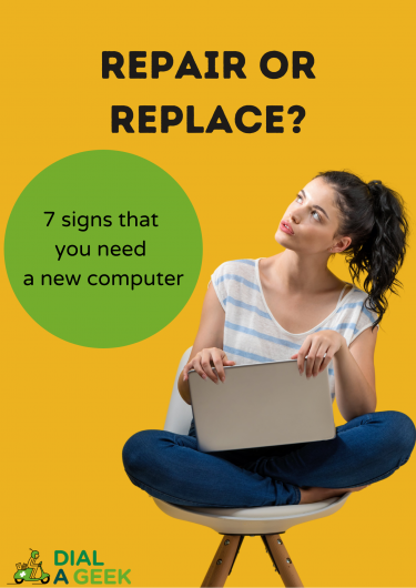 Repair or replace guide's cover with a woman sitting cross-legged on a chair holding a laptop