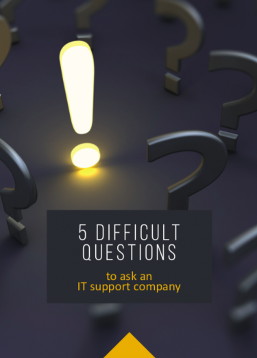 Guide cover, dark grey with yellow exclamaition mark, titled 5 difficult questions to ask an IT support company