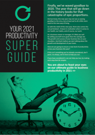 Green cover of our productivity super guide with a woman leaning back on her chair with legs on a huge alarm clock