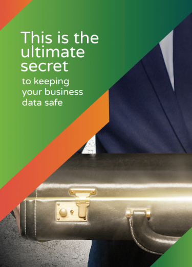 cover of the 'ultimate secret to keeping your business data safe' - a man in a suit, holding a shiny suitcase